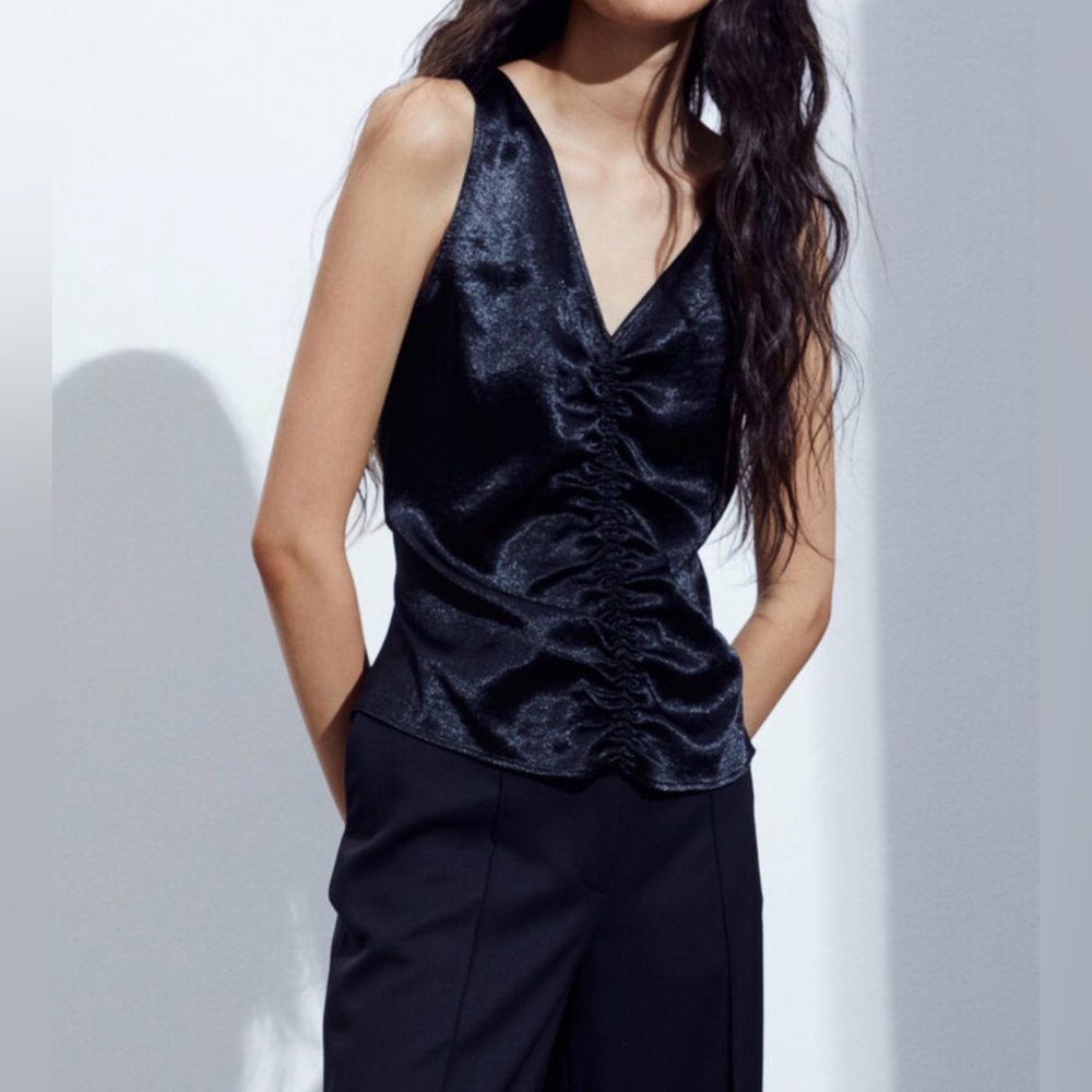 H&M black satin ruched sleeveless tank blouse size XL